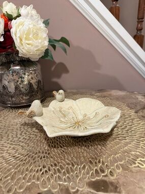 Glazed Ceramic Decor/Trinket Dish with Two Decorative Birds